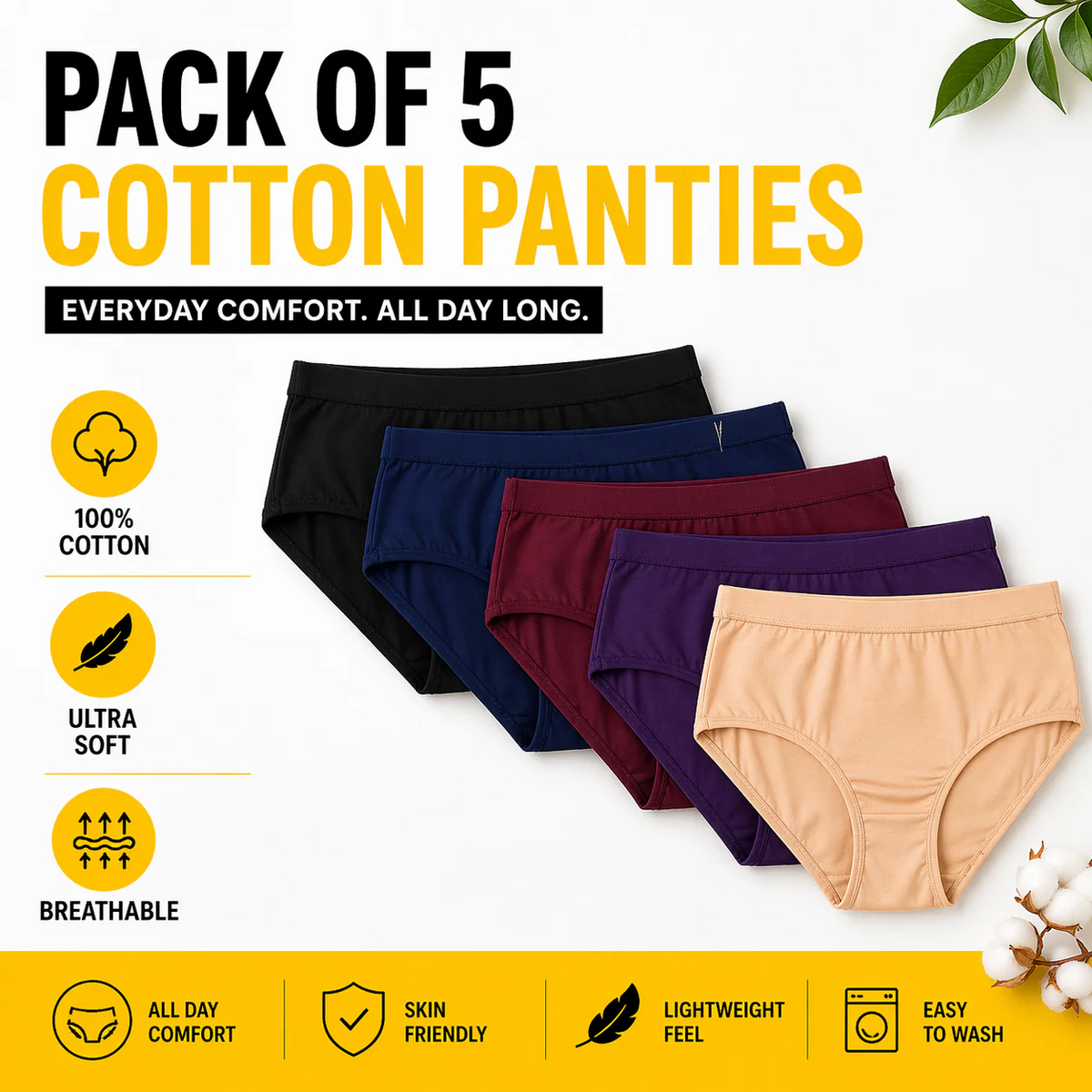 WOMENS All day Comfort Everyday Cotton Panties - Pack Of 5